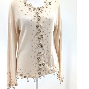 Michael Simon Cream Long-Sleeve Embellished Knit Top